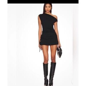 Lioness Original Sin Black Ribbed Knit Mini Dress Side Tie Ruched  Small